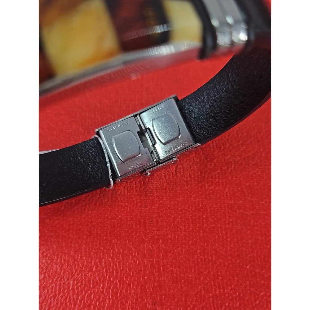 Ewa Plachta Baltic Amber Stainless Steel Leather Checkerboard Bracelet Unisex‎